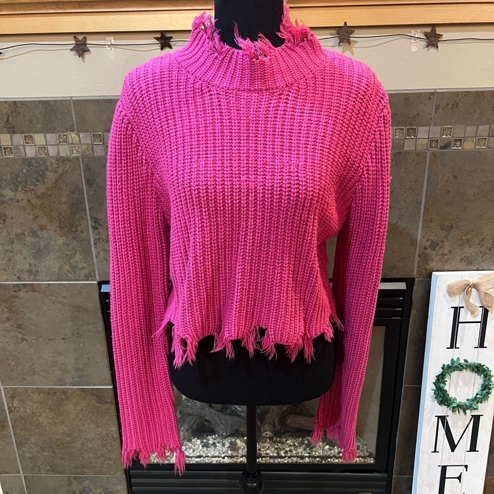 Pink distressed high neck crop sweater, size large.